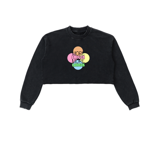 More Laughs More Smiles - Snow Washed Raw Edge Cropped Sweatshirt
