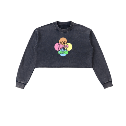 More Laughs More Smiles - Snow Washed Raw Edge Cropped Sweatshirt